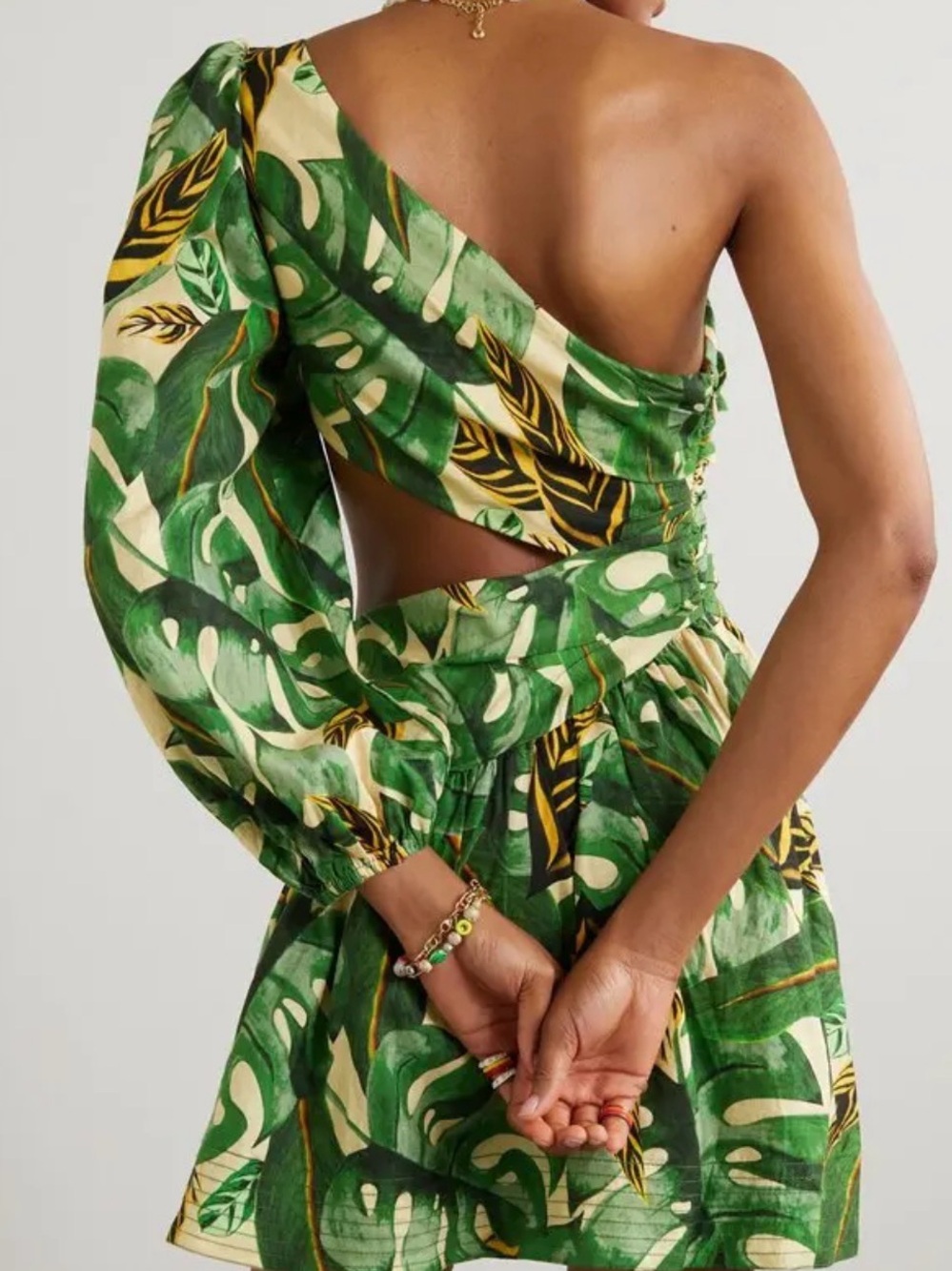 FARM RIO 
Tropical One-Shoulder Green Leaf Print Mini Dress - Picture 3 of 5